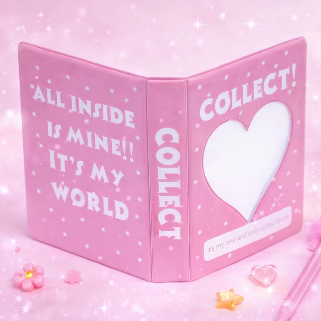 Kpop Collect Book Photocard Binder - 2-Tier 64 Pockets Heart Window Album, Aesthetic Pink "My World" Pocket Book for Army, Stays & Blinks, fits 2x3 Inch Small Photos 2단 포토카드 바인더 핑크