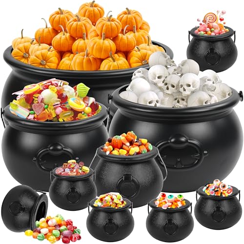 10 Pcs Halloween Large Witch Cauldron Kettles, 12.8”, 9.8”, 7.7”, 5.7”, 2.8” Black Plastic Witch Pots Candy Holder Treats & Punch Bowl for Halloween Indoor Outdoor Home Party Supply