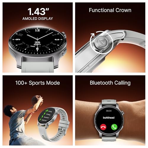 Image of Boat Ultima Prime smartwatch with 1.43 inch AMOLED Display, AOD, Personalized Fitness Nudges, Functional Crown,100+ Sports Modes, Create Your Own Watchface, smartwatch for Man and Woman (Silver Mist)