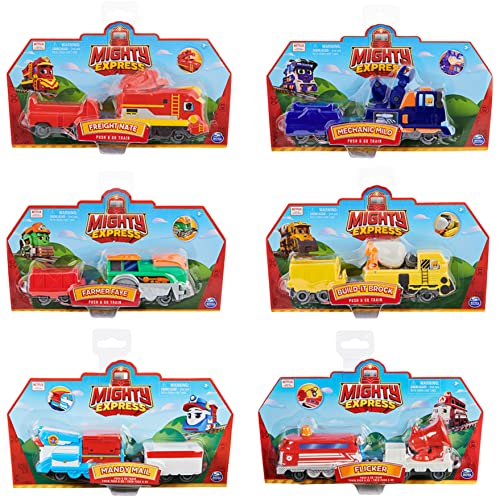 Mighty Express Push and Go con Vagón de Mercancías - Ocho Personajes de Tren Manuales Diferentes para la Serie de Televisión en Clasificación, No Es Posible Preseleccionar, 1 Tren Incluido