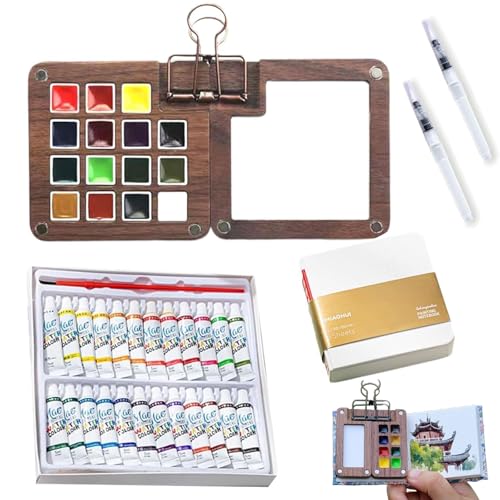 Tobioskits Watercolor Set, Tobioskits Travel Water Color Kit, Nano Palette Water Painting with Mini Paper Booklet and Paint, Portable Detachable Pocket Artist Travel DIY Kit (Walnut 15 Grids)