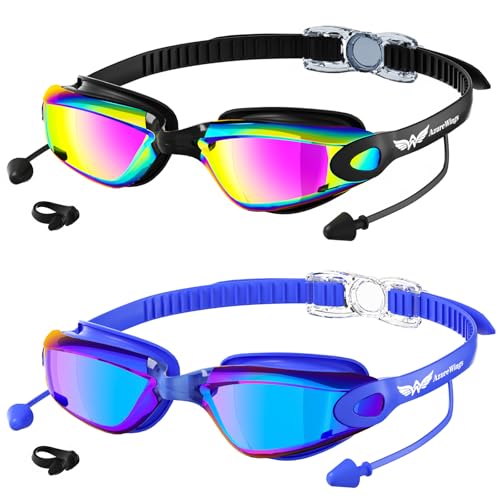 AzureWings 2 Pack Swim Goggles No Leak Anti-Fog & UV, Swimming Goggles for Adult Men Women, Wide Visio HD Mirror PC Lens (Black-Blue+Purple)
