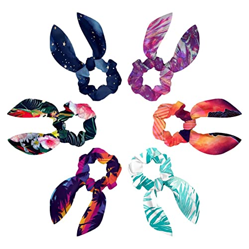 6PCS Hair Scarf Scruncheis for Women Girls, Ribbon Bow Elastic Hair Ties Bands Satin Hair Ribbon Scrunchy Ponytail Holder Accessories,Palm Trees on Tropical Beach