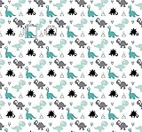 Material: 100 % algodón Tela de algodón 100 % para niños,venta por metros, tela para artesanía y costura, diseño de dinosaurios, blanco, turquesa, negro y gris, 100 x 160 cm