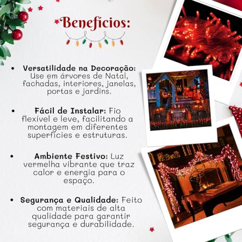 Pisca Pisca com 100 LEDS 10m 8 Funções Cordão Fio Transparente Vermelho