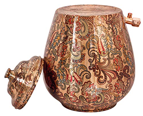 Image of Indian Art Villa Printed Design Copper Water Dispenser Pot Matka, Stoarage, Home Garden, 10 LTR, Light Peach