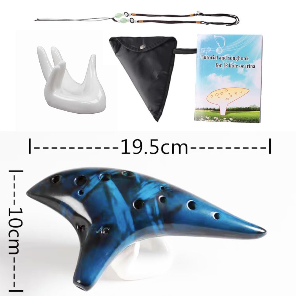 Ocarina 12 Loch Alto C Smokey Straw Gebrannte Keramik Okarina mit Liederbuch für Anfänger, Geschenkidee (Blau)