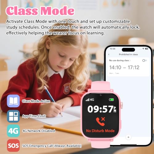 Image of 4G Kids Smart Watch for Boys Girls with GPS Tracker, SOS, Two Way Call Video Calling Voice Chat,School Mode, Alarm Clock,Safe Zones,Pedometer,Stopwatch,Games Children Smartwatch for 4-12 (4G Pink)