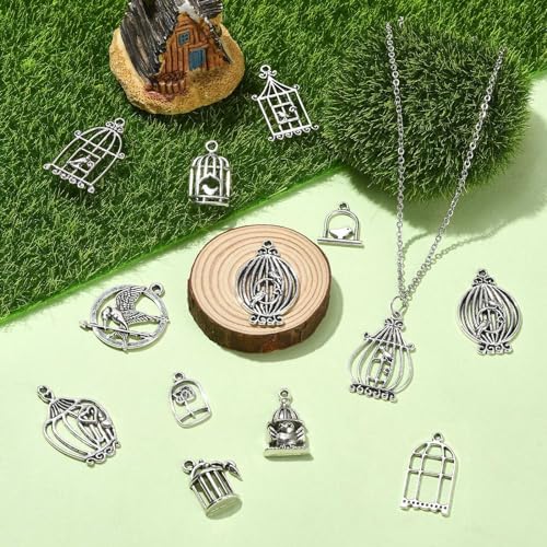 UR URLIFEHALL 60 Pcs 12 Styles Tibetan Style Bird Cage Charms Antique Silver Spring Bird House Charms for DIY Lucky Jewellery Crafts - Image 4