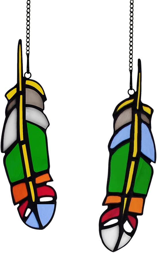 Stained Glass Feather Colored Glass Suncatchers Set of 2 Window Hangings