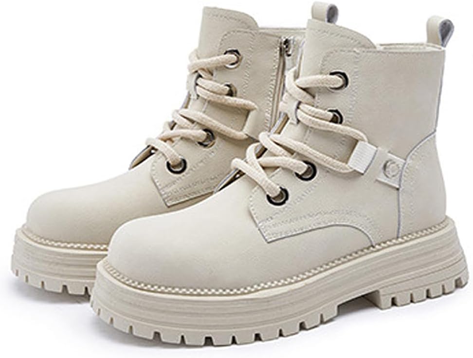 Women's Leather Ankle Boots Platform Lace up Combat Boots with Side Zipper Ladies Retro Brown Booties