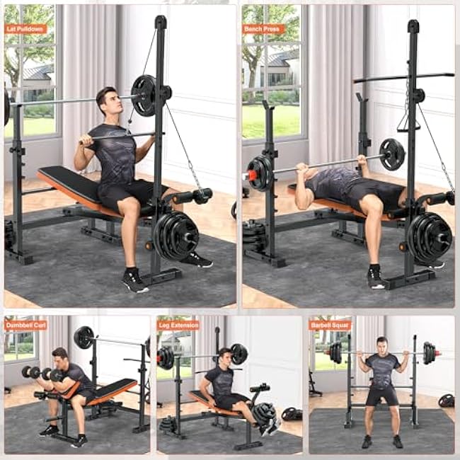 Fostoy 800lbs 8-in-1 Adjustable Weight Bench¨CHome Gym Multi-Function Trainer with Lat Pulldown, Leg Extension/Curl, Barbell Press & Preacher Curl Pad, Adjustable Seat for Full-Body Strength Training