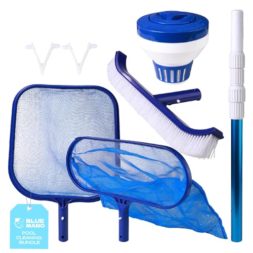 Blue Mano 6 Piece Pool Cleaning Kit - 16 Leaf Rake 12 Leaf Skimmer 18 Pool Brush 4FT Telescopic Aluminum Pole & Standard Chlorine Dispenser - for Pools