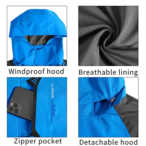Image of Mens Rain Jacket Waterproof with Hooded Hiking Coat Lightweight Windbreaker | Windproof Mountain Jacket,Multi Zip Pockets Windbreaker,Work,Breathable,Fishing,Active Performance Shell Jackets,Outer Layer