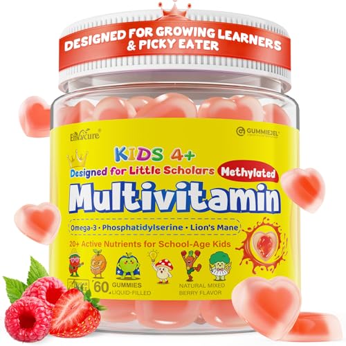 Image of Kids Methylated Multivitamin Gummies with Omega 3 DHA /EPA, Methyl 12 & Folate, Lion's Mane Mushroom, Vitamin D3, C, Zinc, Magnesium, Picky Eater Vitamins Children 4+ for Brain, Focus, Sugar Free, 60Ct