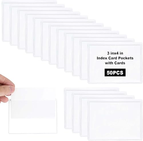 50 fundas de plástico adhesivas de 3 x 4 pulgadas con 50 tarjetas de inserción blancas, autoadhesivas, fundas de bolsillo para tarjetas de índice de