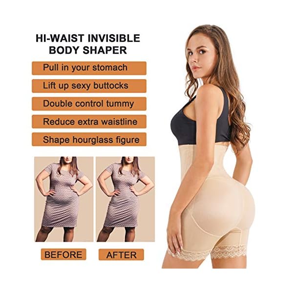 Nebility Waist Trainer for Women High Waist Tummy Control Panty Lace Butt Lifter Shapewear Slim Body Shaper Shorts (Medium, Beige)