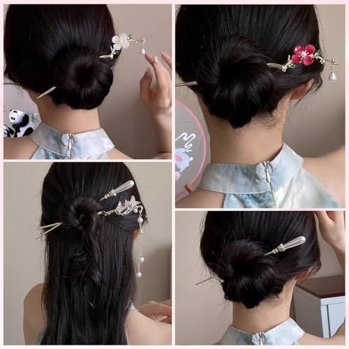 Image of MAYCREATE 6Pcs Butterfly Flower Hair Sticks for Buns Chinese Hanfu Asian Vintage Floral Hairpins Hair Chopsticks with Pearl Tassel for Women Girls