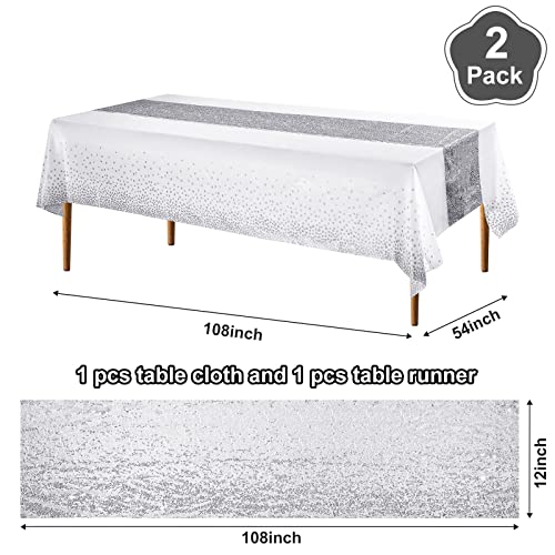 Image of Irenare 2 Pcs White and Silver Tablecloth and Sequin Table Runner Set Polka Dots Confetti Table Cover Dining Plastic Tablecloths Glitter Decorations for Birthday Wedding Anniversary Party Supplies