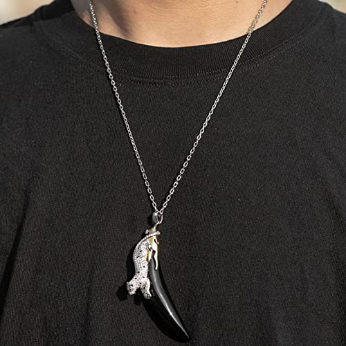 Zonesbo Wolf Tooth Animal Pendent Fenir Viking Necklace Cheetah Statement Jewelry Black Onyx Gemstone Gorgeous 925 Sterling Silver Cubic Zircon Vtg Chunky Jewelry,Titanium Steel Chain,50Cm #TOP1