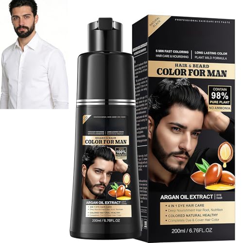 Negro Tinte Pelo Hombre,3 en 1 Champú Tinte Negro para Hombre con Aceite de Argán,Champú Anticanas Suave para Barba y Cabello