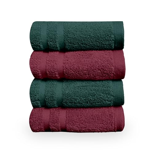 Image of Divine Casa Cotton Hand Towels Pack of 4 Maroon & Green, 550 GSM Ultra Soft & Highly Absorbent Thick Bathroom Towels, 60 x 40 cm