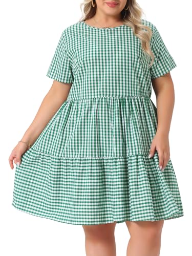 Image of Agnes Orinda Plus Size Gingham Dresses 1950s Vintage Plaid Round Neck Short Sleeve Tiered Midi Summer Dress