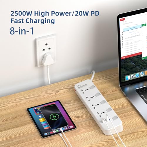 Image of Hoteon Extension Board with USB Slots, 2500W /10A Individual Switch Power Strip, 4 Way Outlets 2 Type C & 2 USB A Ports, Universal Spike Guard Sockets with Safety Shutter, 5Mtr Cable (3 Pin White)