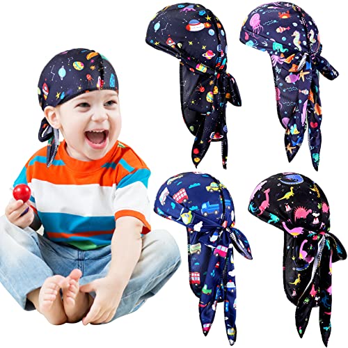 Image of 4 Pcs Baby Satin Durags Kids Satin Durags Dinosaur Outer Space Car Animals Headwraps with Long Tail for Baby Toddler Boy Girl (Dinosaur Style)