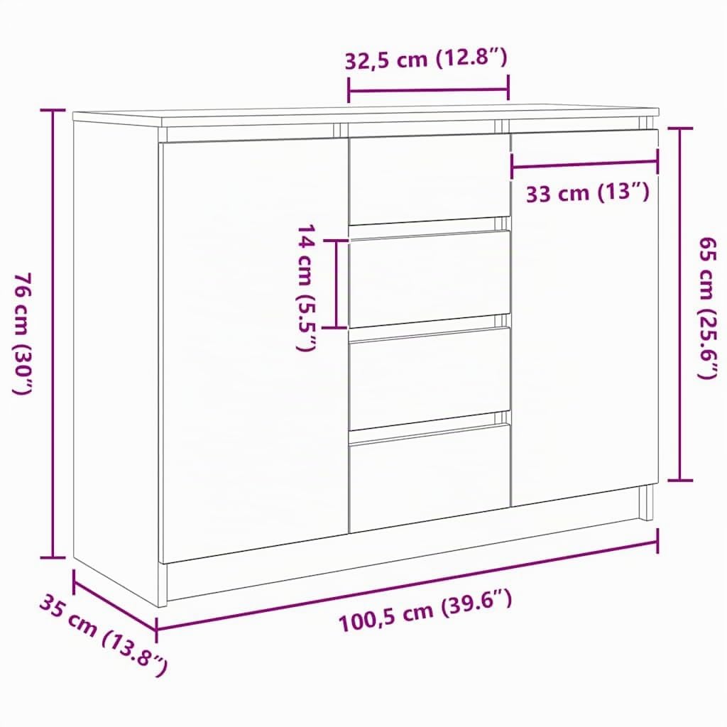 vidaXL Sideboard mit Schubladen Grau Sonoma 100,5x35x76 cm, Kommode, Schrank, Flurschrank, Anrichte, Küchenschrank, Wohnzimmerschrank, Wohnzimmermöbel