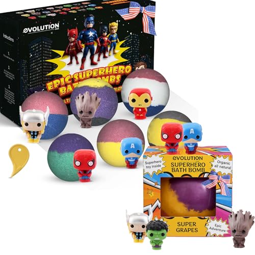 EvolutionUSA 6pc & 1pc Super Hero Bath Bombs for Boys, Organic Bath Bomb with Toy