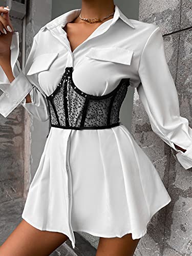 Shein Women's Sequin Lace Up Tie Back Bustier Corset Sheer Mesh Cincher Wide Belt Black Small #TOP2