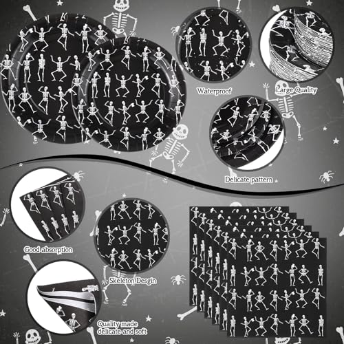 Image of Funnymoom 452 Pcs Halloween Skeleton Party Decorations, Human Bones Dancing Skeleton Paper Plates Napkins Cups Tablecloth Cutlery Straws for Spooky Ghost Themed Birthday Party Supplies, Serves 50