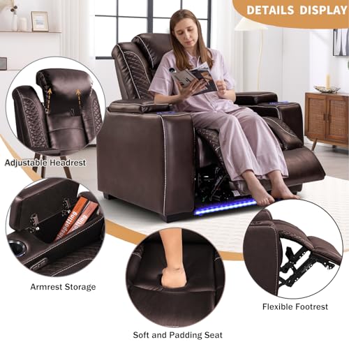 Image of ANJ Power Home Theater Seating Recliner Chairs, PU Leather Recliner with Cup Holder, Electric Movie Theater Reclining Chairs with Adjustable Powered Headrest, LED Lights, Hidden Arm Storage (Brown)