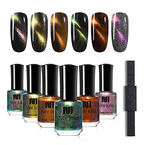 NEE JOLIE 7.5ml Magnetic Nail Polish with Multifunctional Magnet Stick 3D Cat Eye Chameleon Mirror Polish for Women and Girls Nail Art Decoration (6 Bottles)