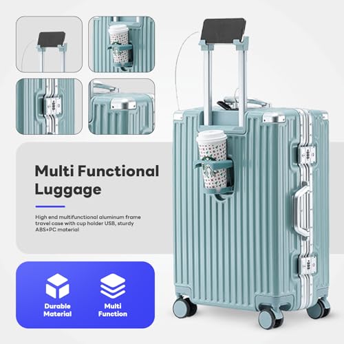 Carry-on with Cup Holder & USB Port Carry on Luggage Durable Luggage Suitcase Lightweight Hardside Luggage with TSA lock & Phone Holder 360° double spinner Wheels (Blue=20lnch, 20lnch)4
