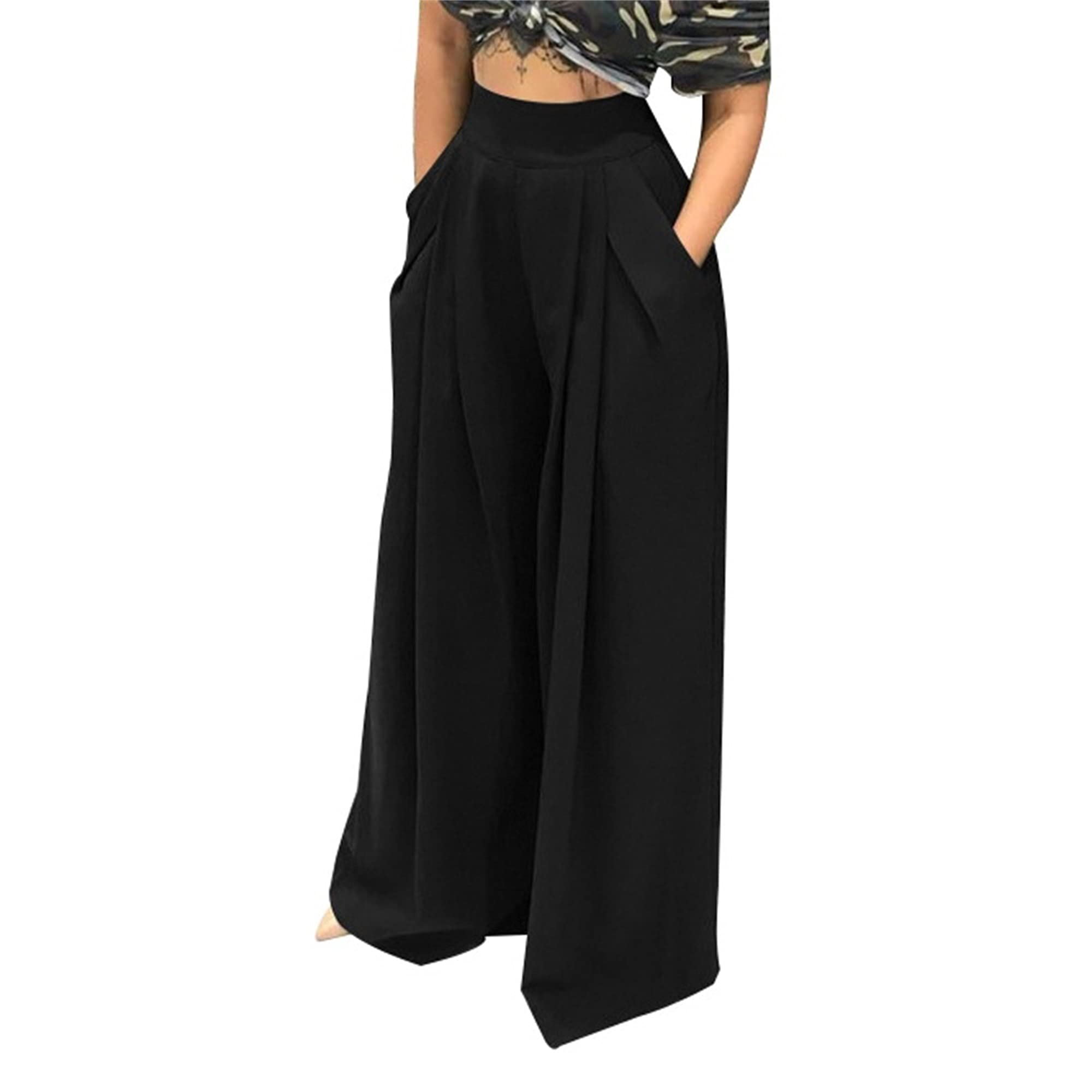 MESLIMA Palazzo Pants for Women High Waisted Wide Leg Stretchy Loose Fit Casual Trousers with Pocket