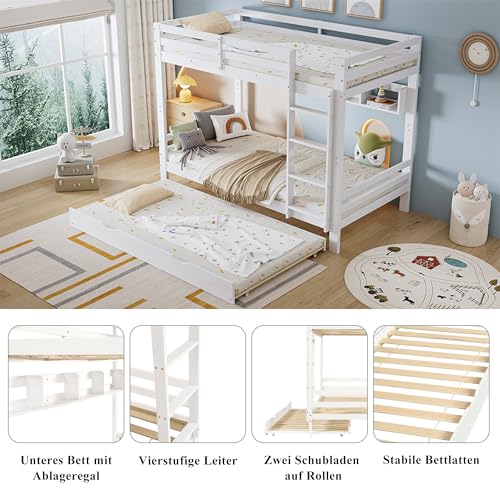 Miniatura 6 de Oslghy Cama Infantil Para Niños 90x200 Cm, Litera Matrimonio Con 190x90cm Cama De Arrastre, Se Convierte En Dos Camas Individuales, Cama Altillo Con Protección Anticaída Y Somier, Blanco, Sin Colchón