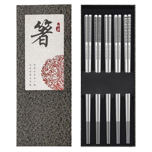 5 Pairs Stainless Steel Chopsticks Metal Chopsticks Reusable Dishwasher Safe Square Lightweight Laser Engraved Non-Slip Chop Sticks 304 Stainless Steel Chopstick