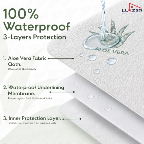 Image of Lukzer 100% Waterproof Natural Aloe Vera Mattress Protector Queen Size 75 inch x 60 inch inch | 360 Elasticated fit, Breathable, Hypoallergenic, Noiseless, Ultra-Soft Fitted Deep Pocket Bed Protector Cover