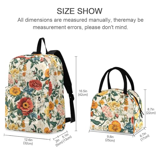 Backpack Lunch Box Set Large Capacity Travel Backpacks and Insulated Lunch Bag for Commute Hiking Picnic Vintage Florals Print2
