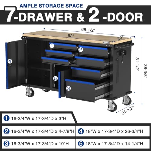 Image of WORKPRO 62 inch x 20 inch Rolling Tool Chest, 7-Drawer & 2-Door, Blue & Black
