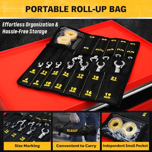 Image of ELEAD 14-Piece Flare Nut Wrench Set with PTFE Tape, Metric & SAE 1 /4 inch-7 /8 inch& 6-21mm, Brake Line Wrench Set Double Open End with Organizer Pouch for Repairing and Removing Nuts