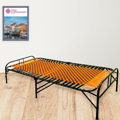 Image of Casa Copenhagen, Portable Single Folding Bed Heavy Duty Metal Cot Khat for Sleeping Bed Space Saving Design Sturdy Synthetic Niwar feet - Orange & Jet Black
