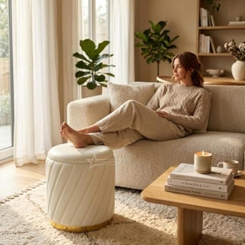 Image of Mythic ArtsRound Upholstered Sitting Stool & Footrest Velvet Storage Ottoman Pouffe16 X 16X 19 inch | Versatile Puffy for Living Room, Bedroom, and Office ? Chic Home Furnishings & Dcor Cream