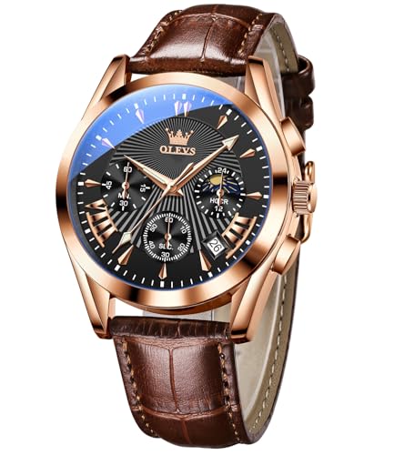 Image of OLEVS Watches for Men Original Analog Quartz Stylish Brown Leather Luxury Business Chronograph Waterproof Date Mens Wrist Watch
