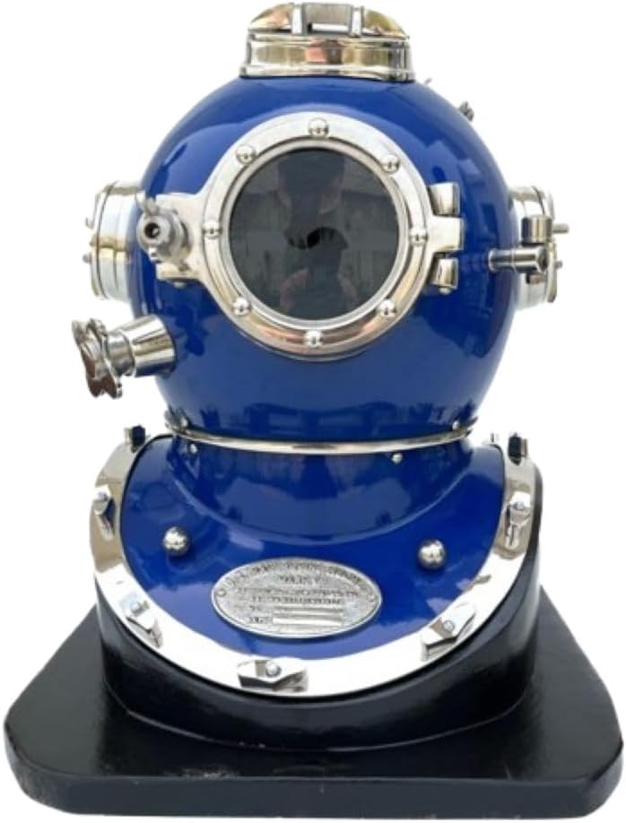 Nautical Scuba Diving Helmet Maritime U.S Navy Mark V Ship's Blue Divers Helmet Marine Home Decorative Helmet with Wooden Base Gift Item