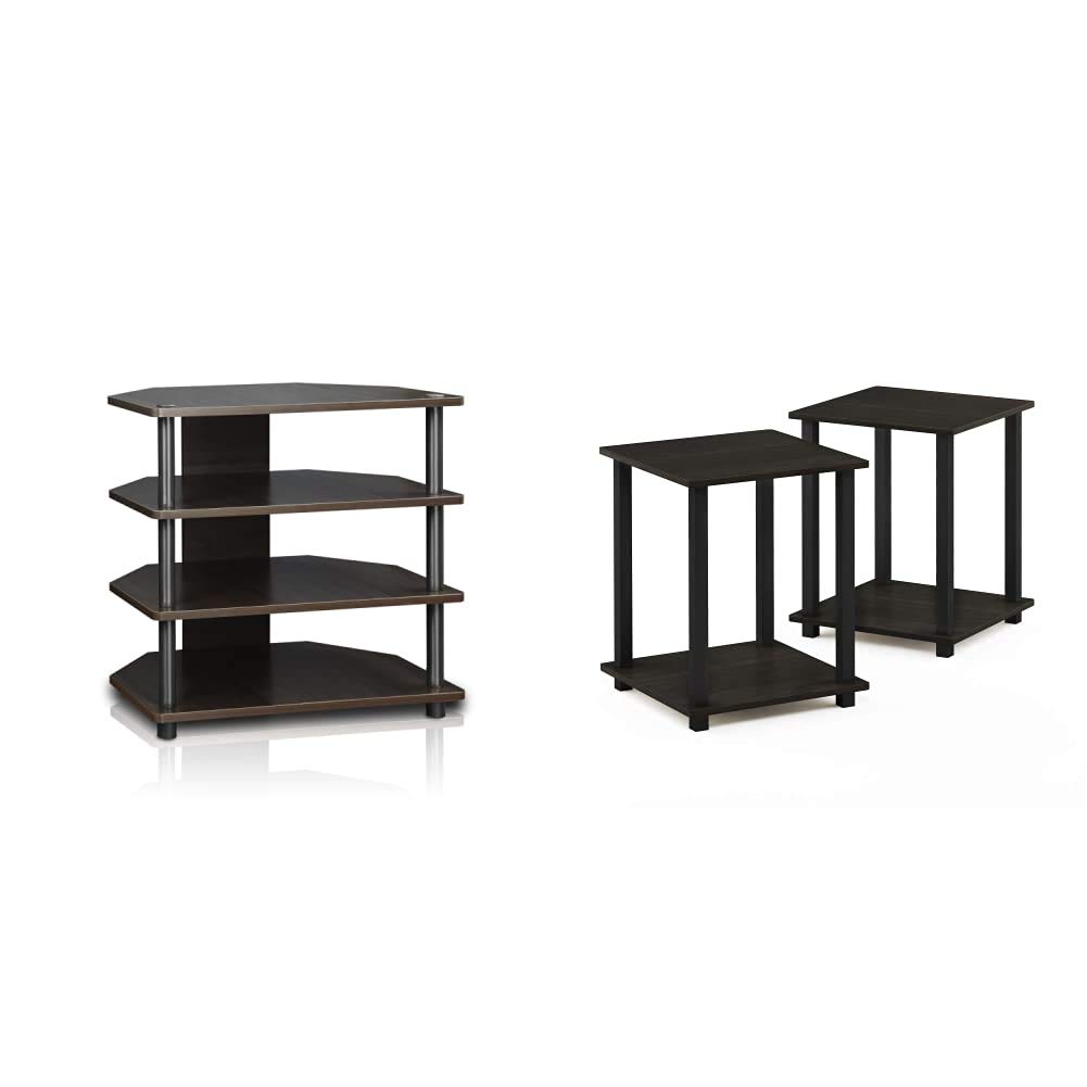 Photo 1 of FURINNO Turn-N-Tube Easy Assembly 4-Tier Petite Entertainment Center Stand Unit/TV Desk, Espresso/Grey & Simplistic End Table, Espresso/Black Espresso/Grey Stand + End Table