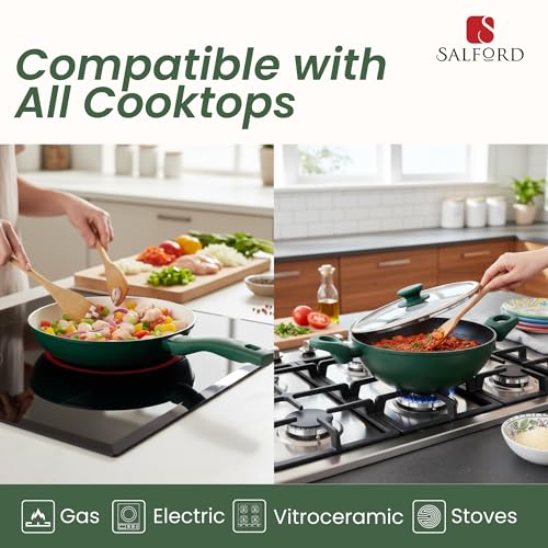 Image of SALFORD Forged Ceramic Set of 3+1 (Kadai 240mm + Frypan 240mm + Tava 260mm + Glass Lid) with Tubular SS Handle I Induction Base & Gas Ready I 2 Year Warranty (Green & Vanilla)