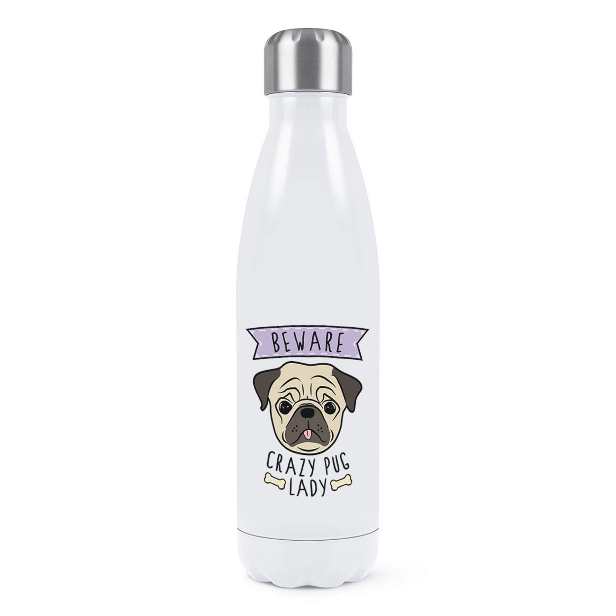 Beware Crazy Pug Lady Double Wall Water Bottle Insulated Stainless Steel Sports Drinks 500ml White